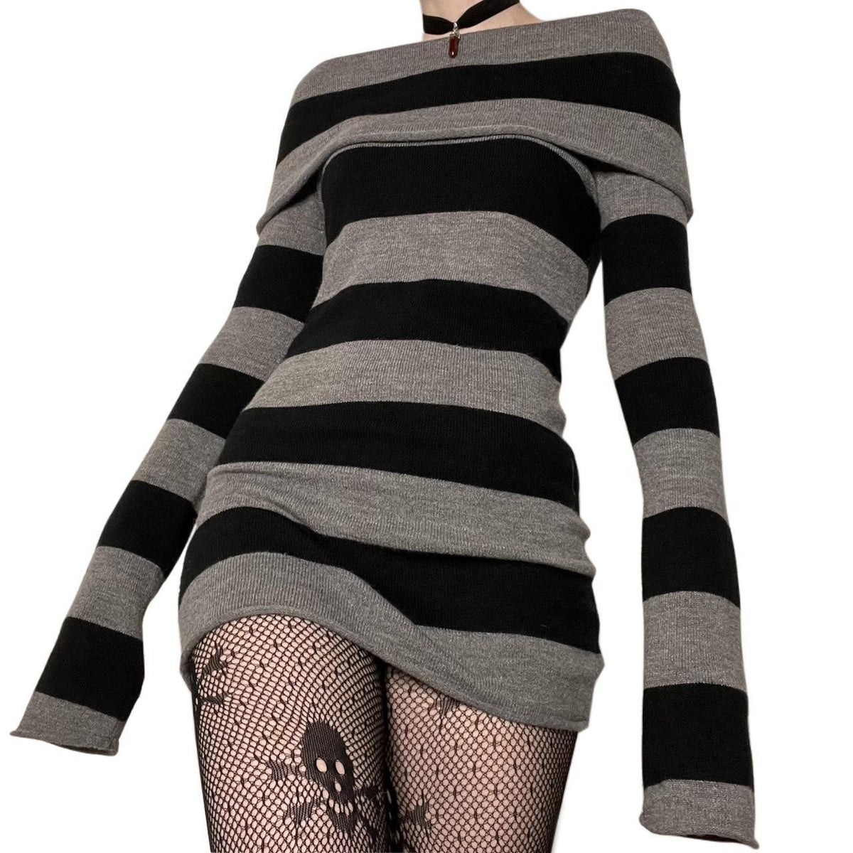 Y2K Striped Off Shoulder Sweater Dress Bodycon Midi
