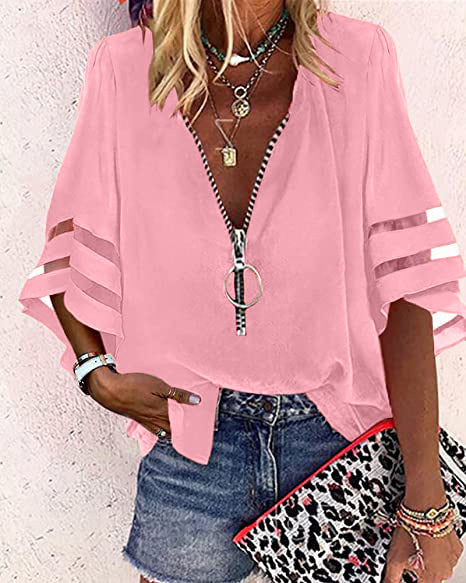 Summer V-Neck Zipper Shirt Half-Flared Sleeve Grid Splicing