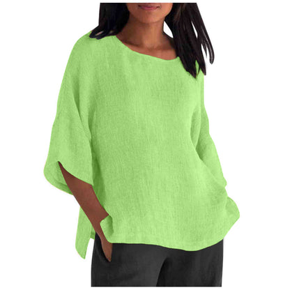 Women's Linen Top Oversized 3/4 Sleeve Round Neck 25 Colors
