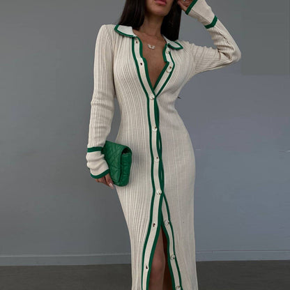 Colorblock Ribbed Button Front Maxi Dress
