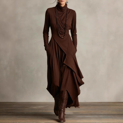 Women's Turtleneck Long Sleeve Asymmetric Midi Dress