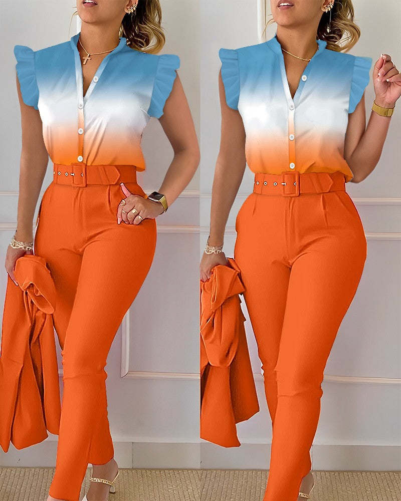 Floral Ruffle Sleeve Top & Belted Pants Two Piece Set