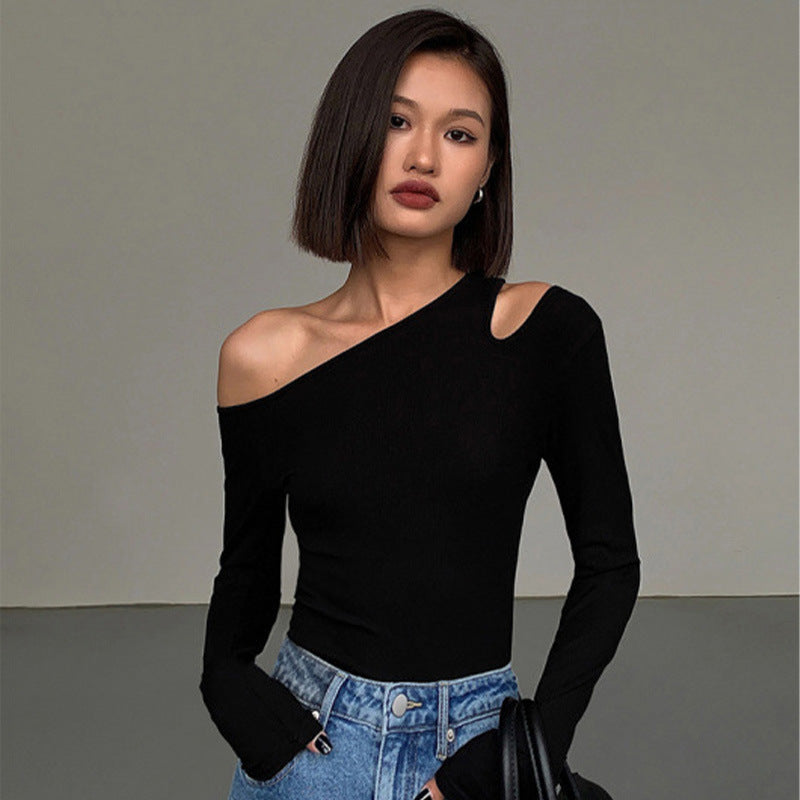 One Shoulder Cutout Long Sleeve Fitted Top