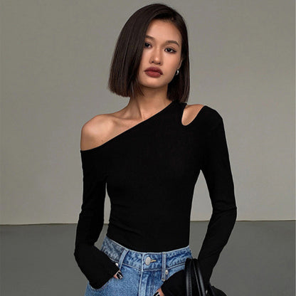 One Shoulder Cutout Long Sleeve Fitted Top