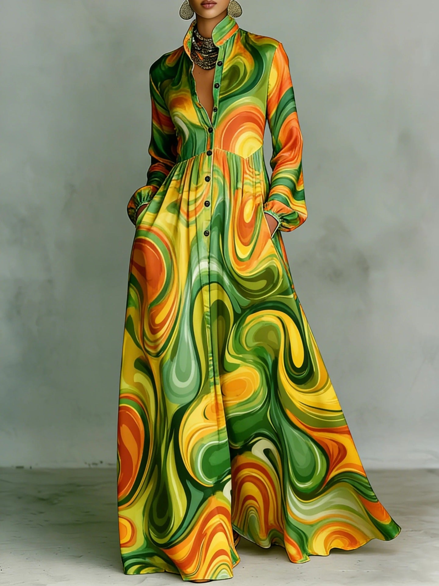 Vintage Floral Maxi Dress Long Sleeve Button Down Pockets