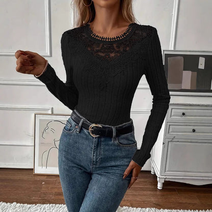 Women's Lace Panel Ribbed Long Sleeve Top