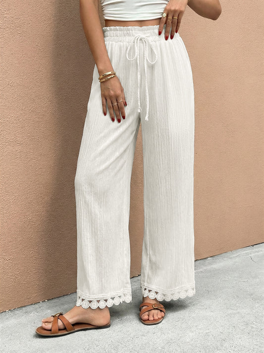 Lace Trim Wide Leg Pants Drawstring Casual Beach Trousers