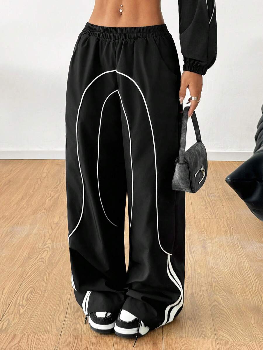 Women Baggy Wide Leg Pants Contrast Trim Low Rise Y2K