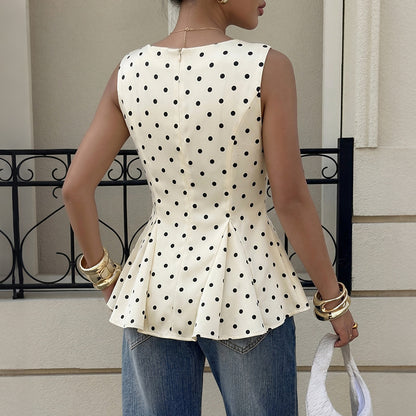 Polka Dot Ruffle Waist Sleeveless Blouse French Vintage Top