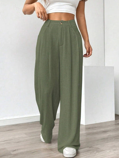 Women's High-Waist Wide-Leg Linen Pants – Casual Loose Summer Trousers