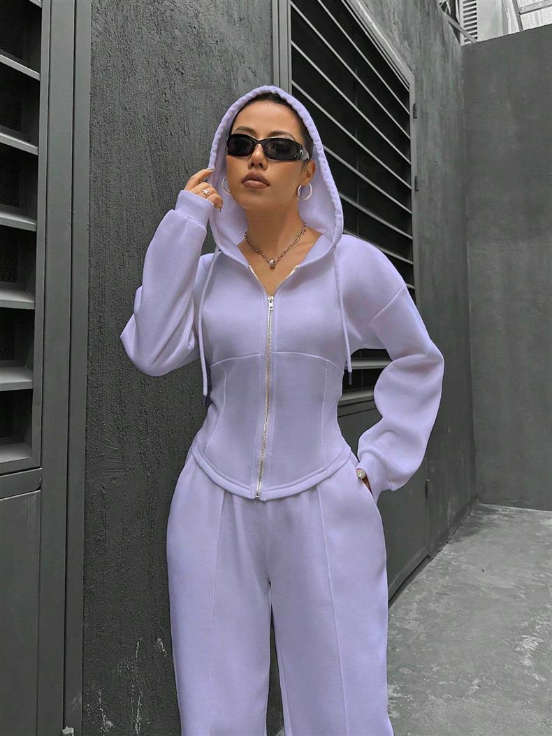 Fitted Zip Hoodie Wide Leg Sweatpants Two Piece Set