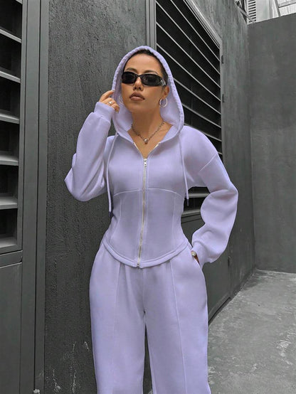 Fitted Zip Hoodie Wide Leg Sweatpants Two Piece Set