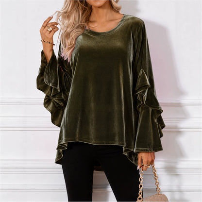 Women's Velvet Ruffle Sleeve Loose Tunic Top