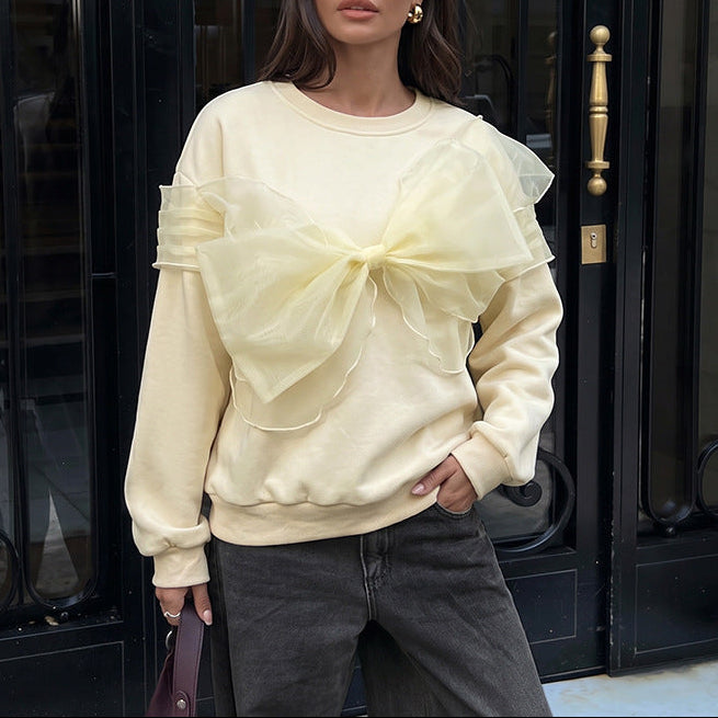 Women's Solid Bow Sweatshirt Organza Crew Neck Pullover