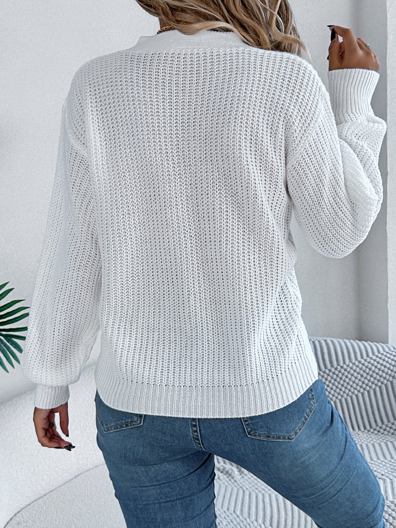 Hollow Out V Neck Cable Knit Lantern Sleeve Sweater
