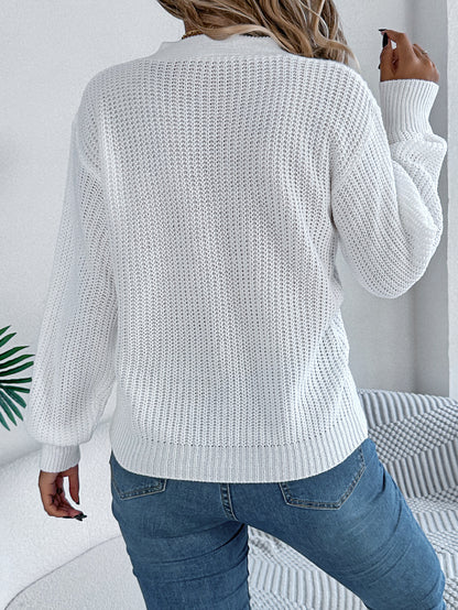 Hollow Out V Neck Cable Knit Lantern Sleeve Sweater