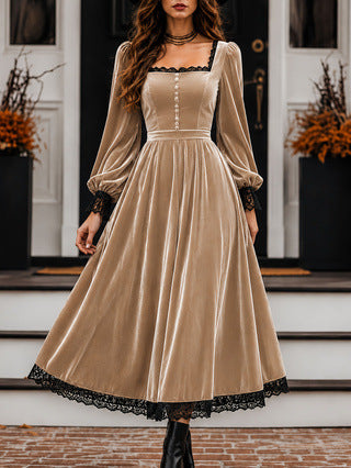 Square Neck Velvet Lace Trim Puff Sleeve Maxi Dress