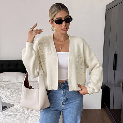 Women's Floral Embroidered Open Front Knit Cardigan
