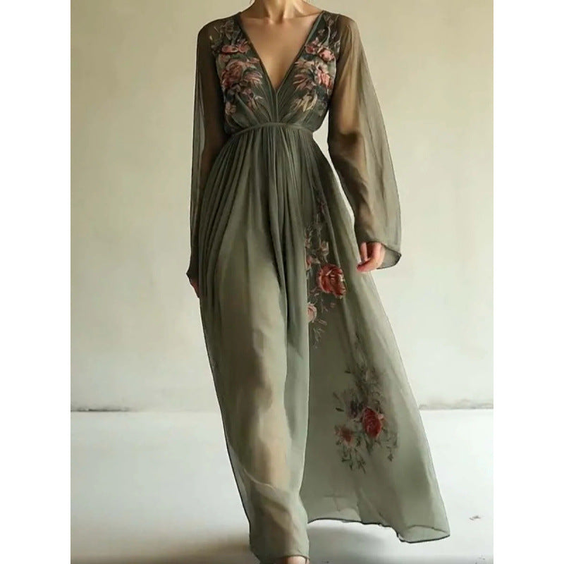 Women's Floral Mesh V-Neck Long Sleeve Maxi Dress