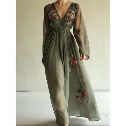 Women's Floral Mesh V-Neck Long Sleeve Maxi Dress