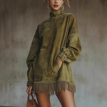 Faux Suede Fringe Dress Mock Neck Long Sleeve Pockets