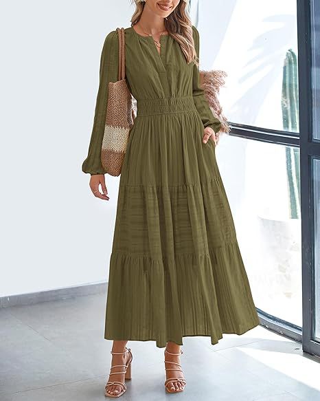 Women's V-Neck Long Sleeve Tiered Maxi Smocked Cotton Dress