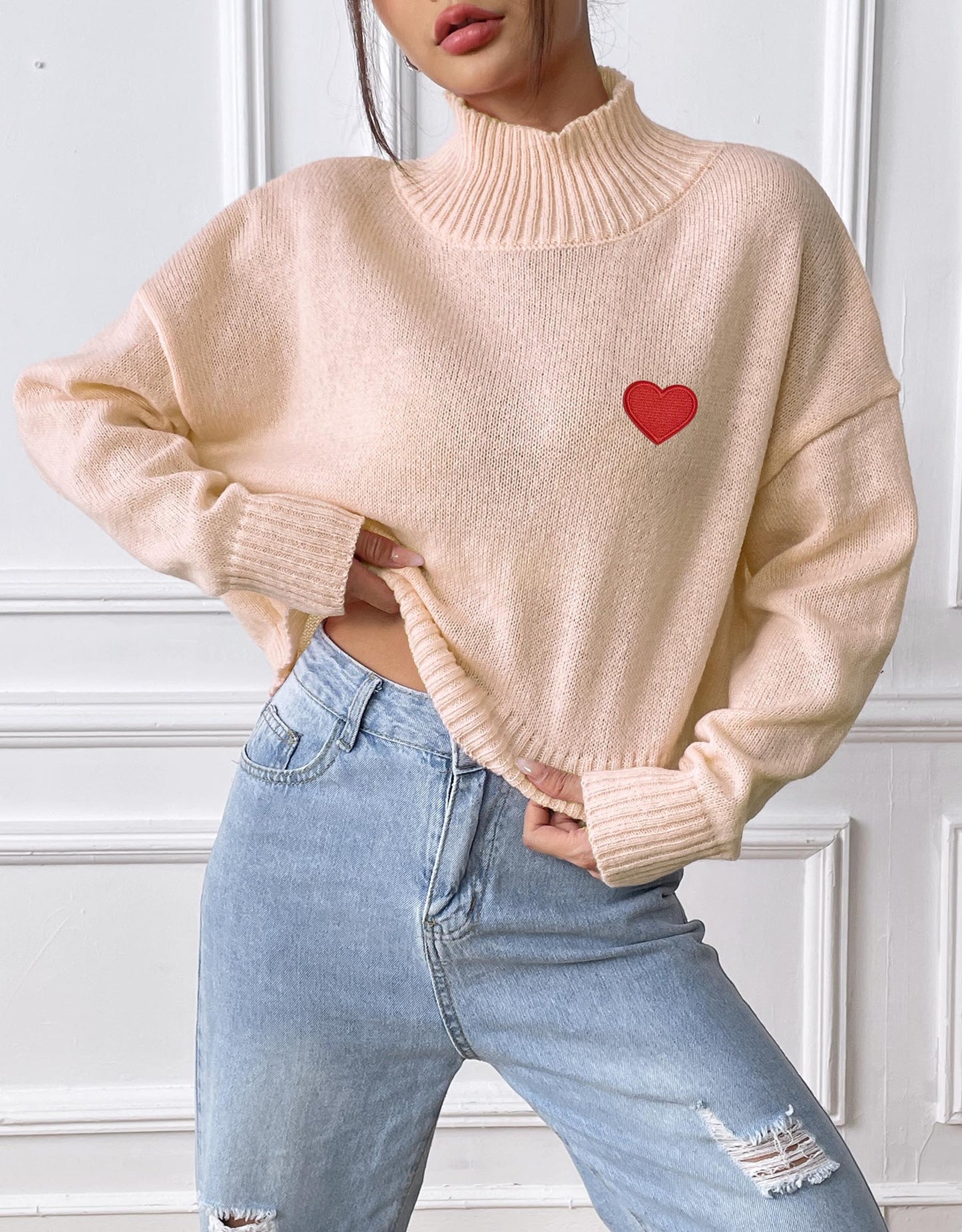 Women's Turtleneck Short Love Sticker Casual Bottoming Shirt