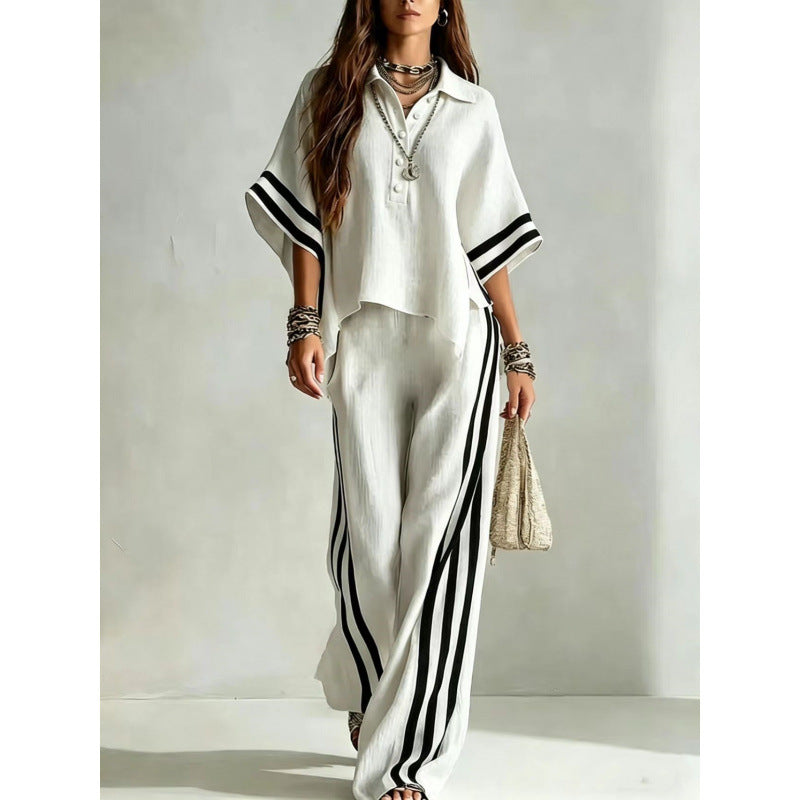 Women's Striped Oversized Shirt Wide Leg Pants 2 Piece Set