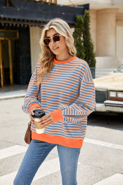 Striped Color Block Crew Neck Loose Fit Long Sleeve Sweatshirt