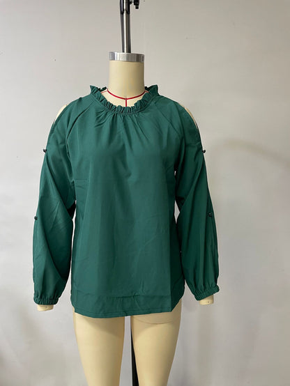 Ruffle Mock Neck Cold Shoulder Chiffon Blouse