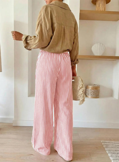 Striped Wide Leg Pants Drawstring Pocket Trousers