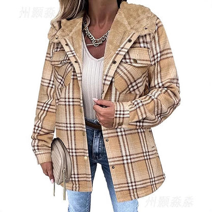 Women's Plaid Hooded Fleece Lined Shacket with Pockets