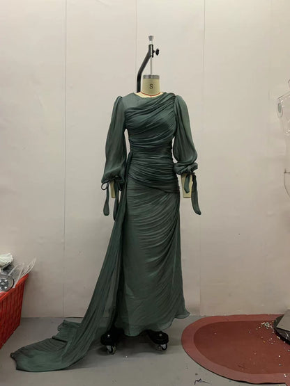 Elegant Ruched Long Sleeve Maxi Dress Evening Gown
