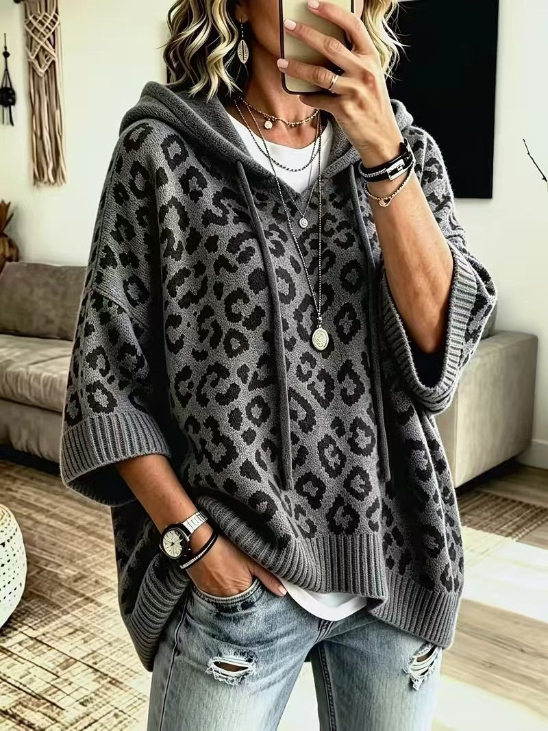 Oversized Leopard Print Hooded Knit Sweater Pullover