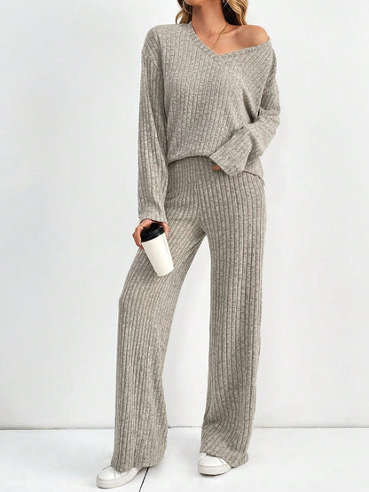 Women's Ribbed Knit V-Neck Top & Pants Two Piece Set