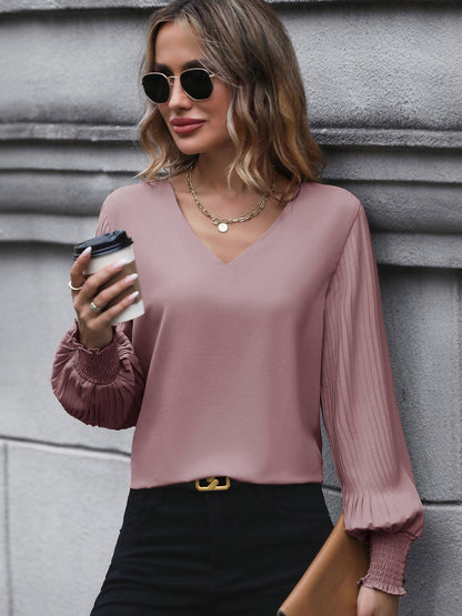 Solid V Neck Blouse Pleated Lantern Sleeve Work Top