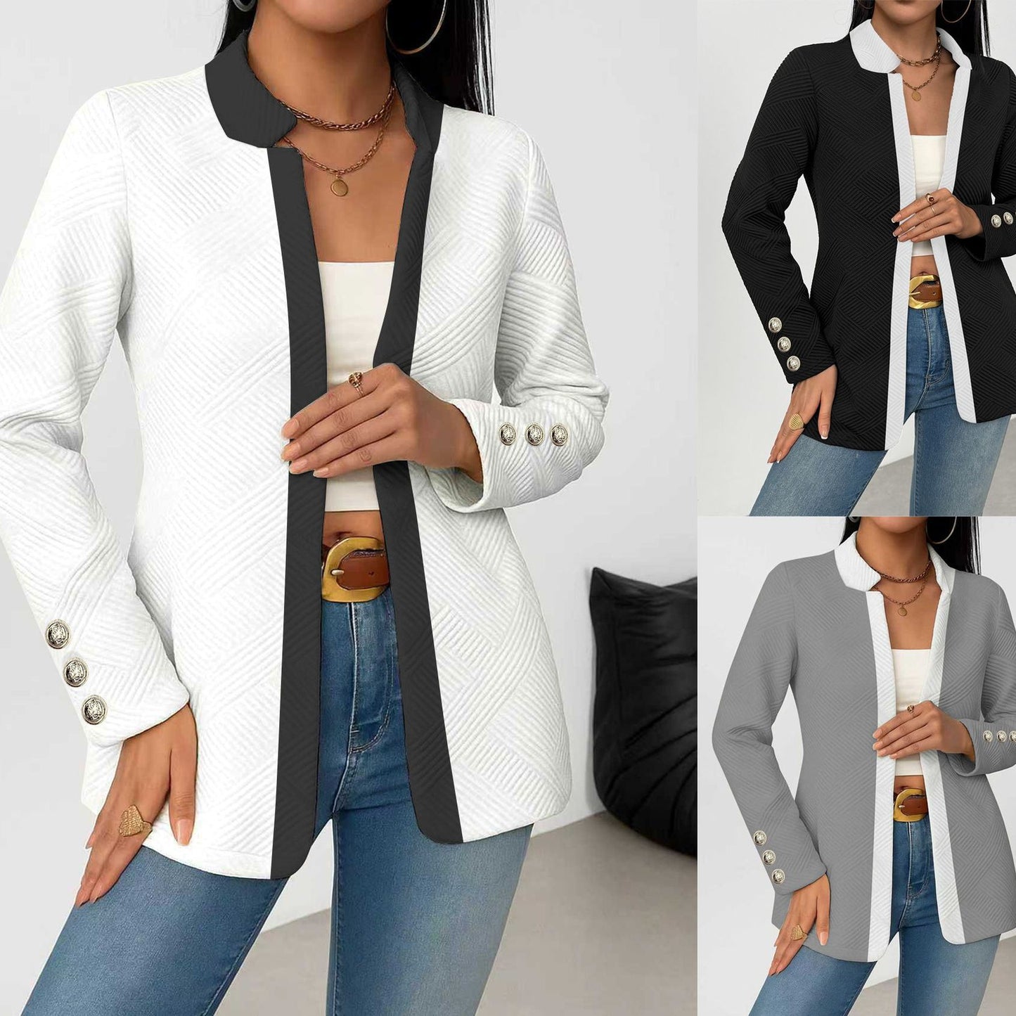 Women's Contrast Collar Blazer Gold Cuff Buttons