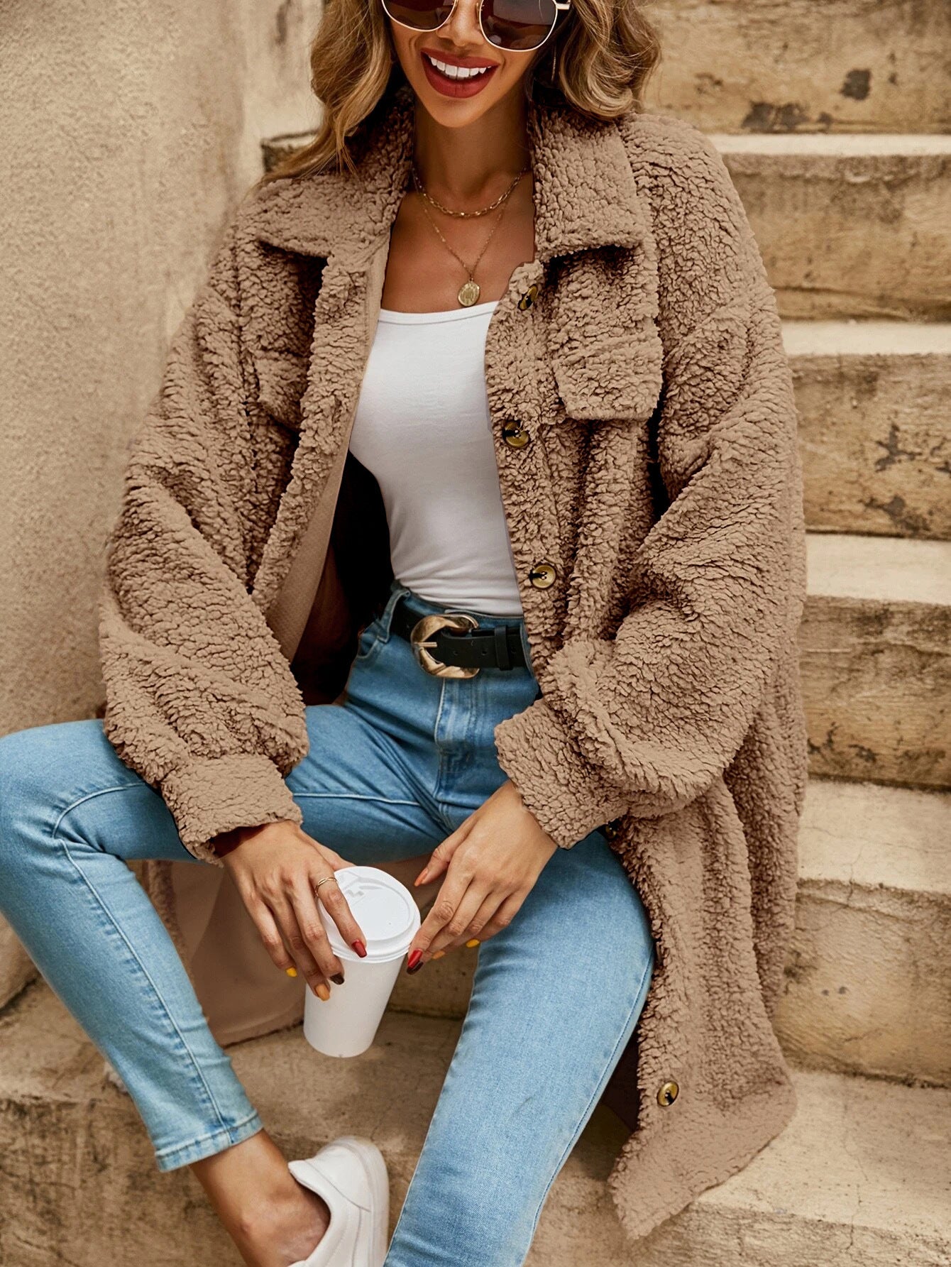 Women's Long Sherpa Jacket Button Down Collared Coat