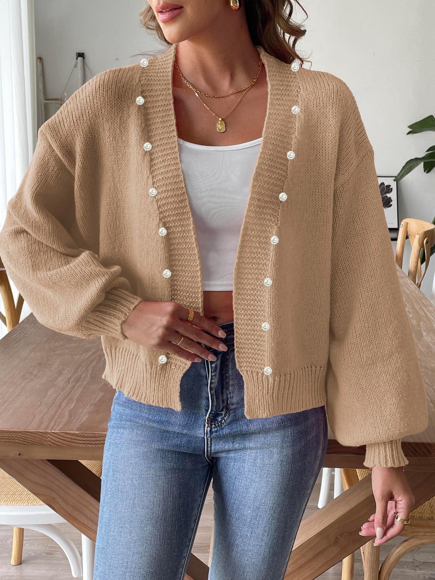 Women's Short Pearl Bead Cardigan Loose Buttonless Knitted Sweater