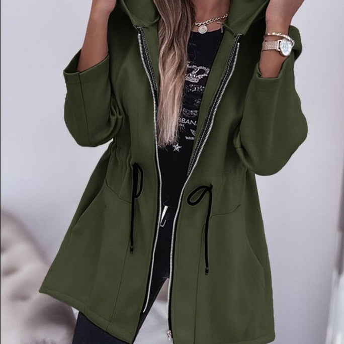 Women's Hooded Drawstring Waist Zip Up Mid Length Jacket