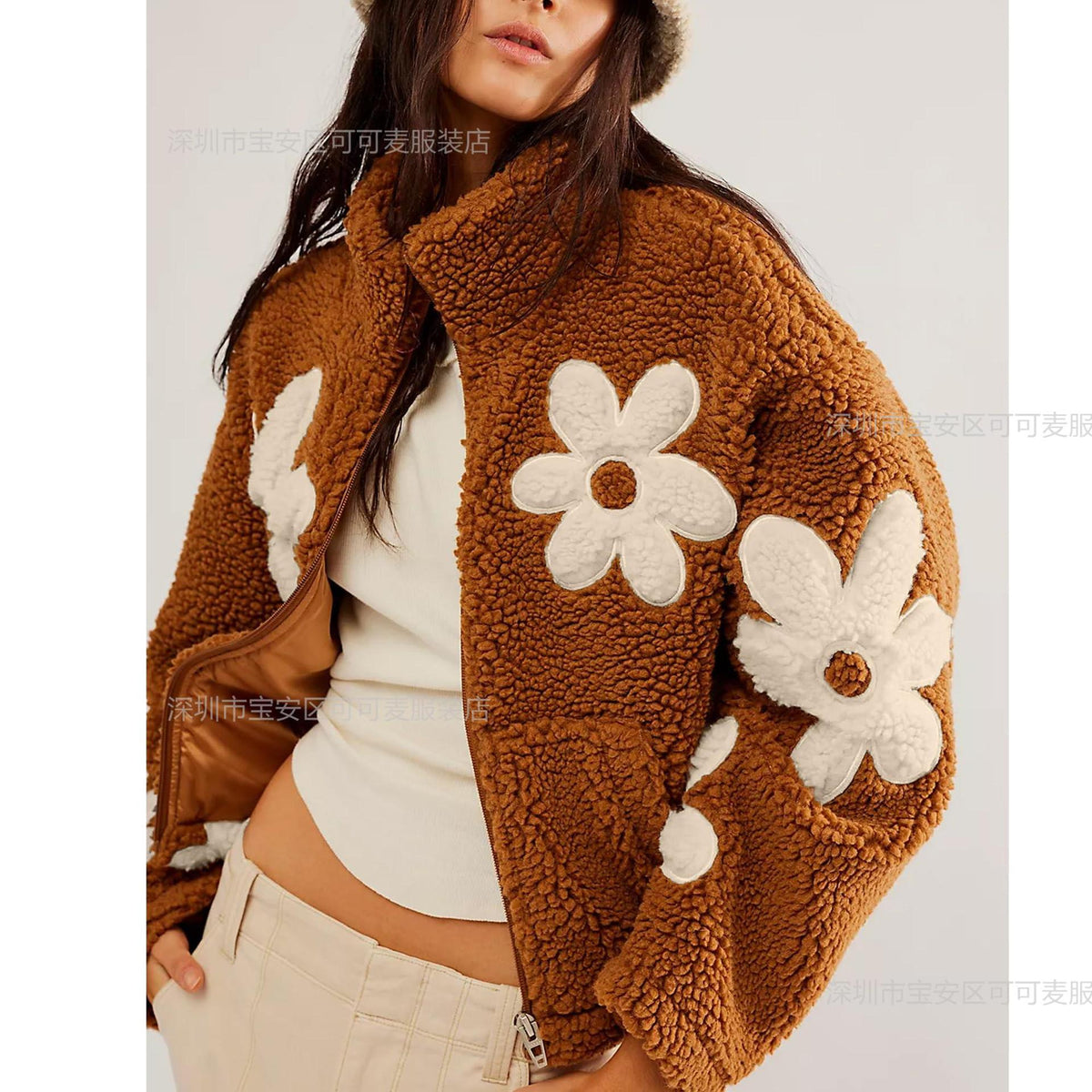 Oversized Floral Sherpa Zip-Up Fleece Jacket