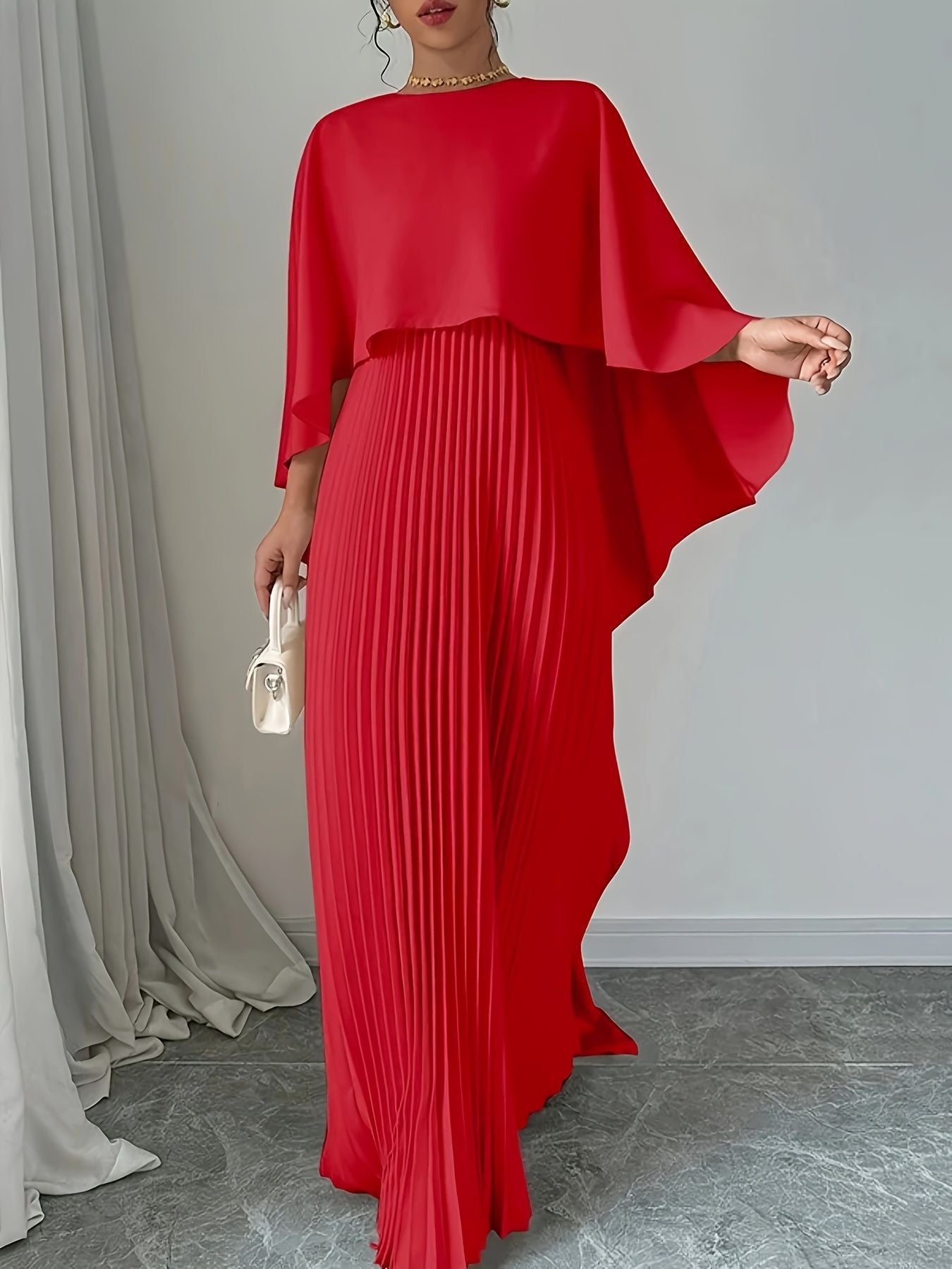Women's Pleated Cape Sleeve Asymmetric Maxi Dress