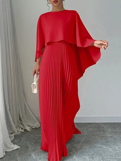 Women's Pleated Cape Sleeve Asymmetric Maxi Dress