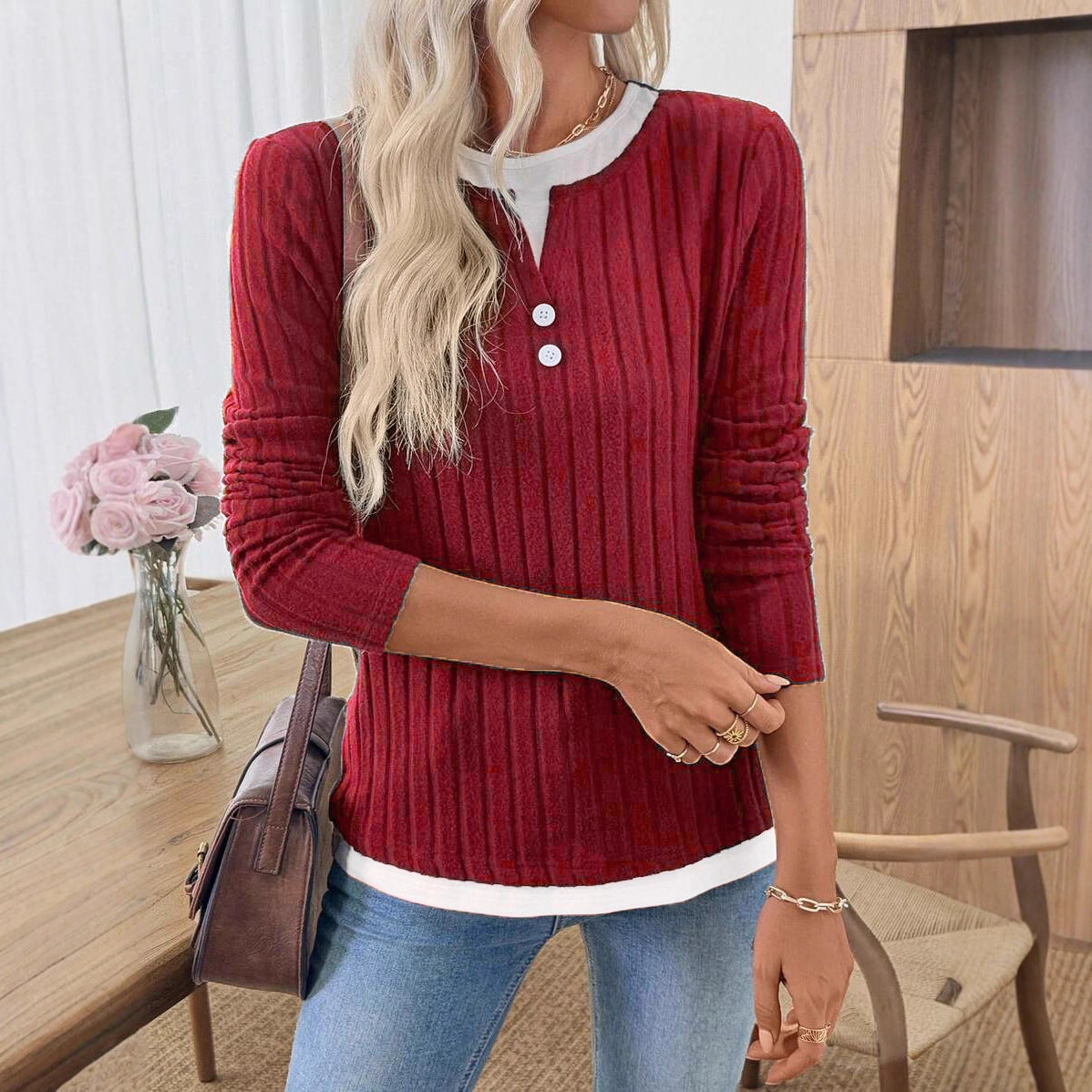 Ribbed Faux Layered Henley Long Sleeve Casual Top