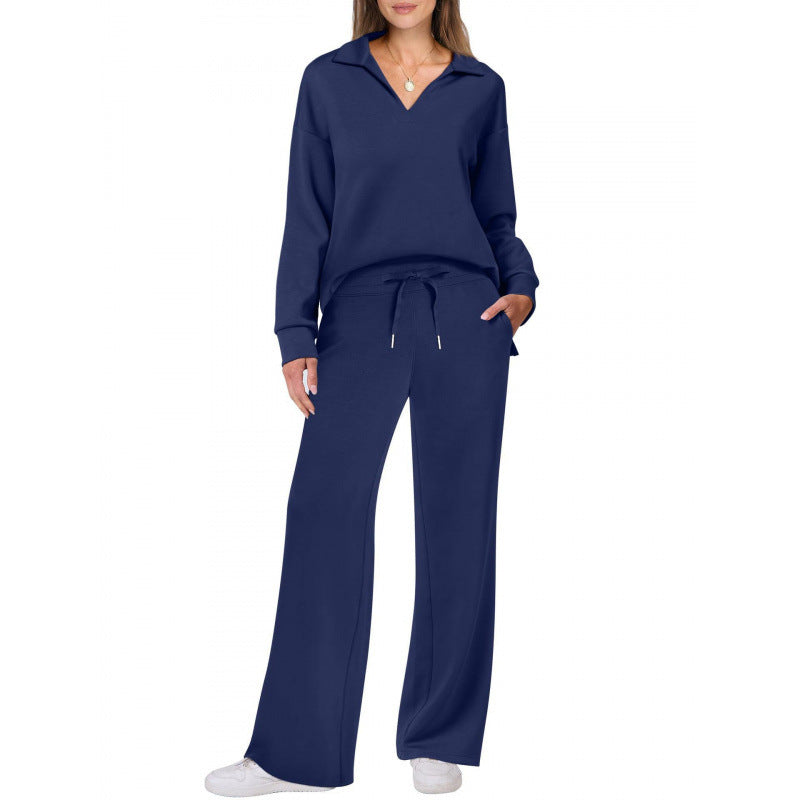 Women's 2-Piece Set Collared Top Drawstring Wide Leg Pants