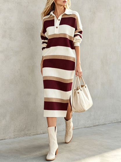 Women's Striped Polo Sweater Dress Long Sleeve Midi Slit