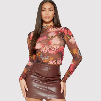 Women's Y2K Butterfly Mesh Crop Top Long Sleeve Sheer