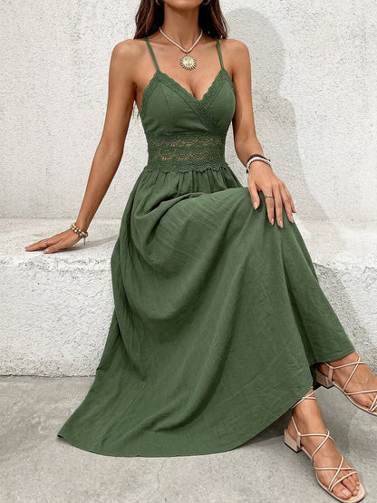 Women's Lace V-Neck Backless Maxi Dress Spaghetti Strap