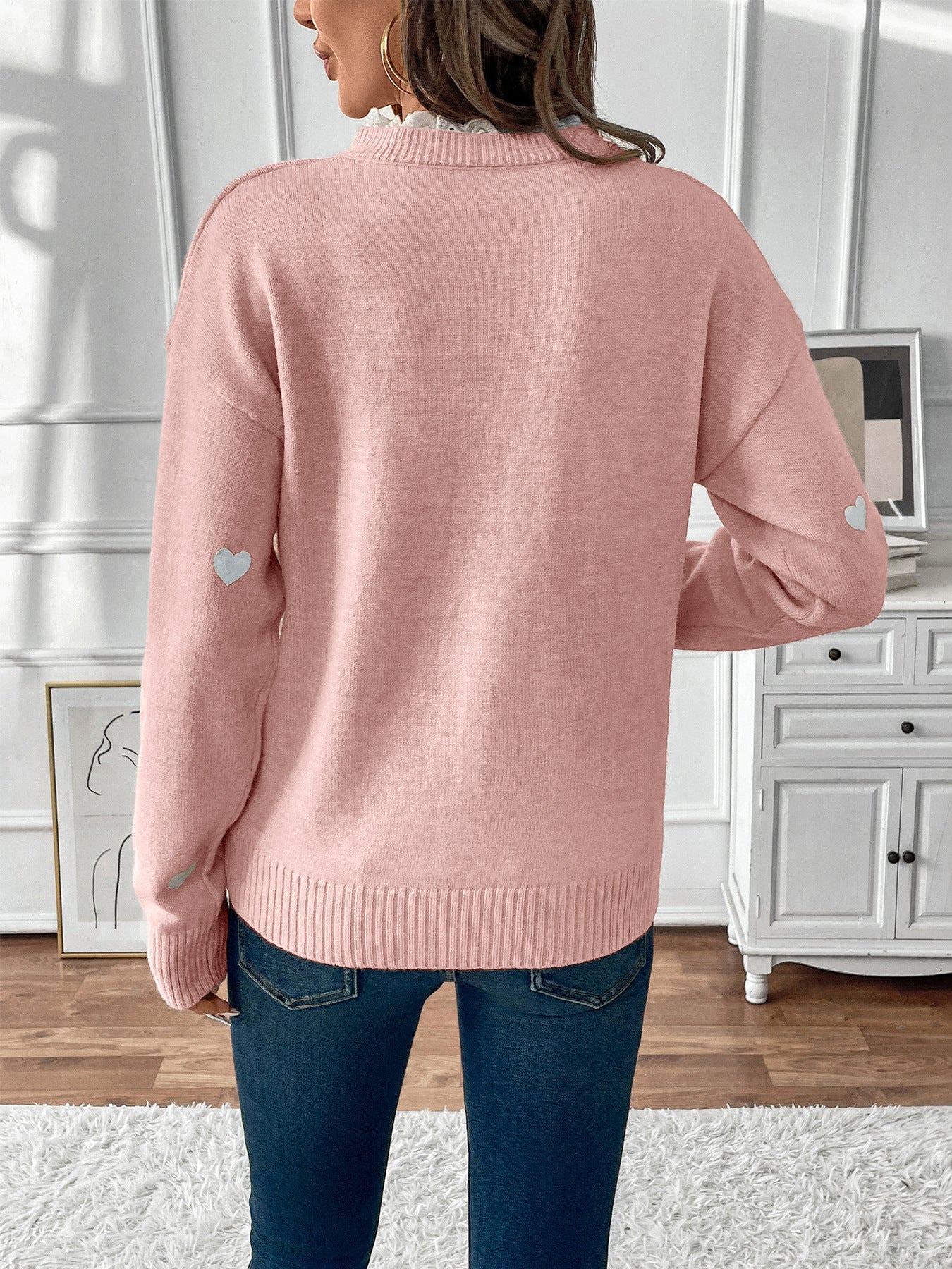 Heart Print V Neck Knit Sweater Casual Valentine Pullover