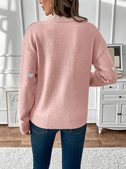 Heart Print V Neck Knit Sweater Casual Valentine Pullover